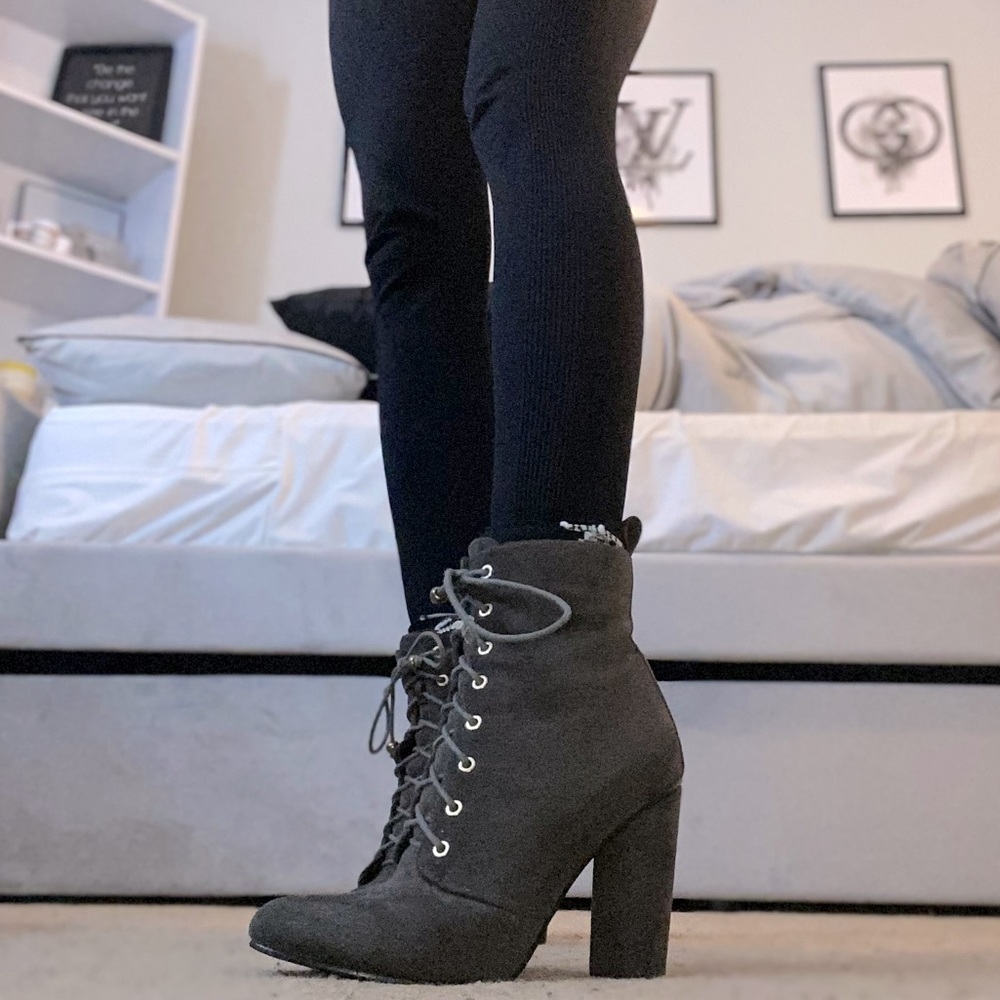 Grey Lace Up Heeled Boots.